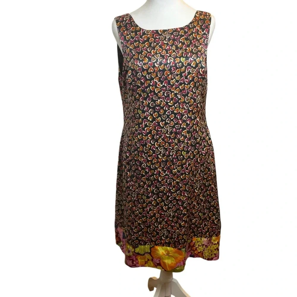 DEMA 100% Silk Hearts Floral Mixed Print Sleeveless Dress Large Party Valentines